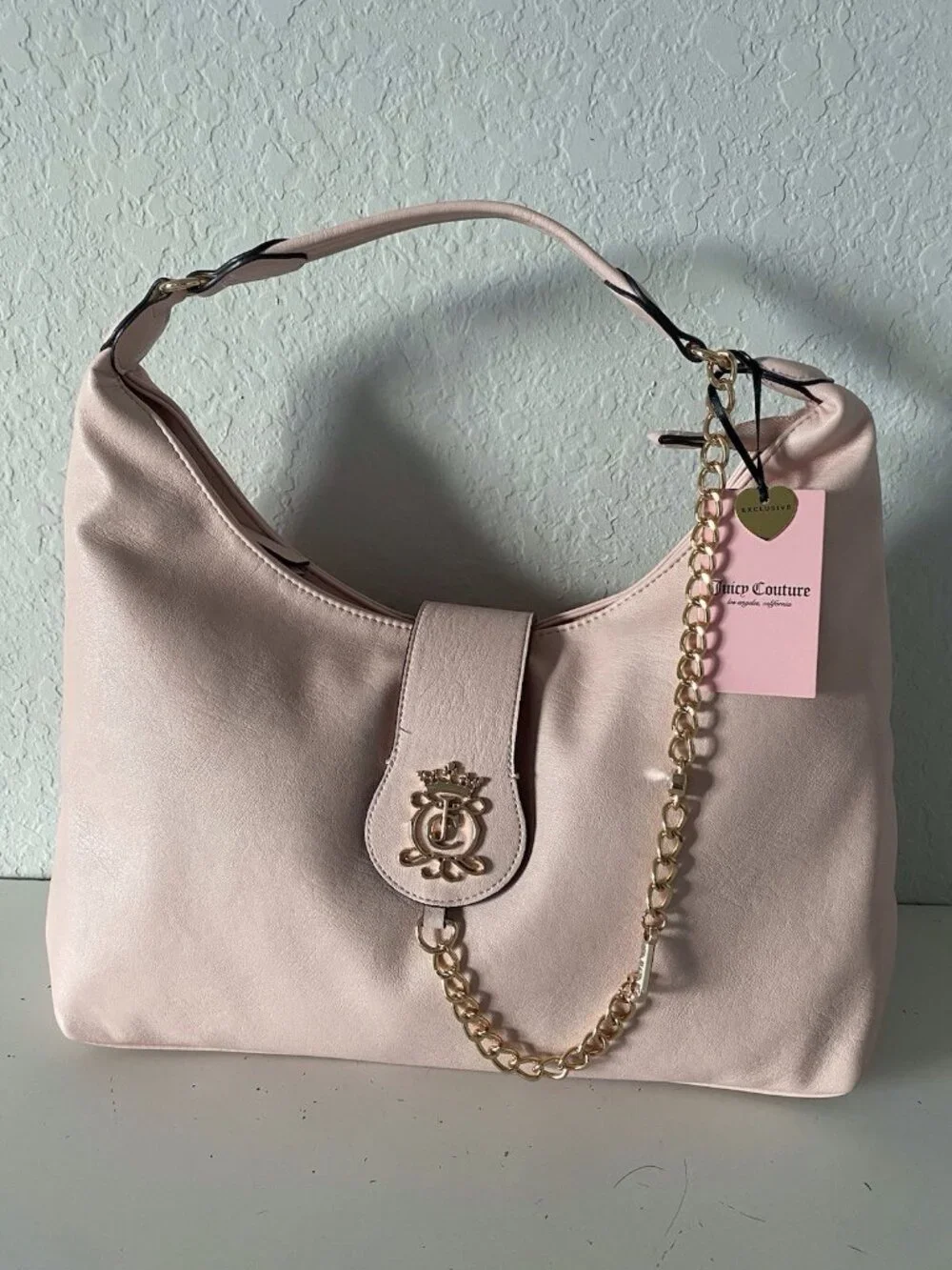 Juicy Couture Juicy Royal Crest Hobo Shoulder Bag Pink Clay W/Chain J Charm NEW